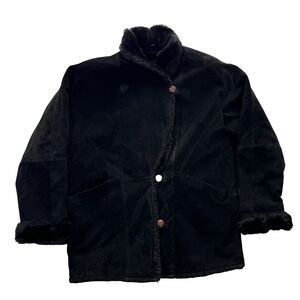 Pelle New York Suede Jacket Womens L Black Genuine Leather Fur Lined Button Up